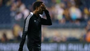 CF Montreal coach Wilfried Nancy reacts as he heads off the field following the team's MLS soccer match against the Philadelphia Union, Saturday, Aug. 21, 2021, in Chester, Pa. (Chris Szagola/AP) 
