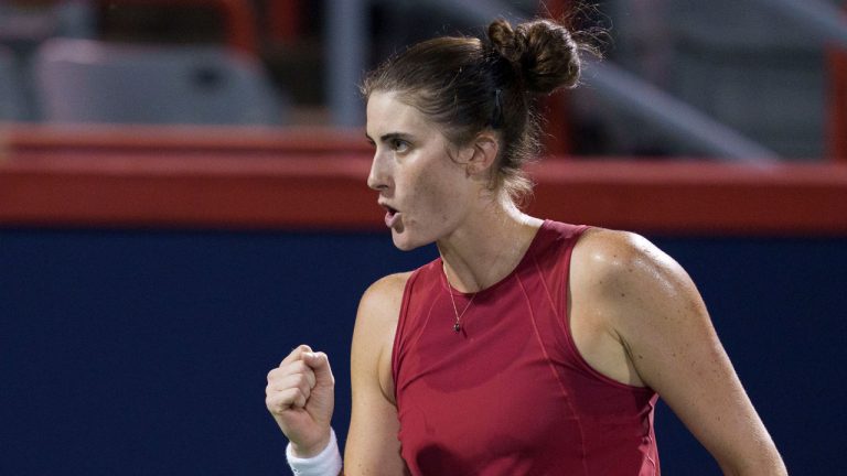 Canada's Rebecca Marino reacts during National Bank Open women's tennis action against the United States' Madisson Keys, in Montreal. (Paul Chiasson/CP)