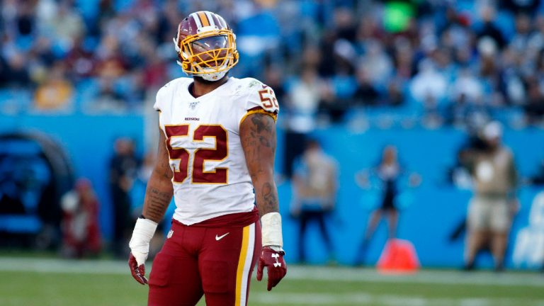 Ryan Anderson, pictured as a member of the Washington Football Team, looks at a replay during the second half of an NFL football game against the Carolina Panthers in Charlotte, N.C., Sunday, Dec. 1, 2019.(Brian Blanco/AP) 
