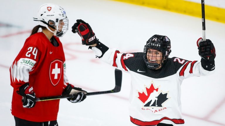 Canada's Natalie Spooner, right, celebrates a goal as Switzerland's Noemi Ryhner skates away during third period IIHF Women's World Championship hockey action in Calgary, Tuesday, Aug. 24, 2021. (Jeff McIntosh/CP)