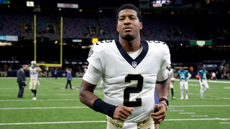 New Orleans Saints quarterback Jameis Winston (2) runs off the field after an NFL preseason football game against the Jacksonville Jaguars in New Orleans, Monday, Aug. 23, 2021. The Saints won 23-21. (Derick Hingle/AP)