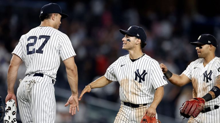 New York Yankees' Andrew Velazquez celebrates with Giancarlo Stanton (27) after the Yankees defeated the Boston Red Sox 5-2 in a baseball game. (Adam Hunger/AP)