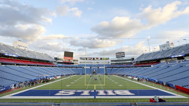 New Era Field is prepared before an NFL football game between the Buffalo Bills and the New England Patriot in Orchard Park, N.Y. (Jeffrey T. Barnes/AP)