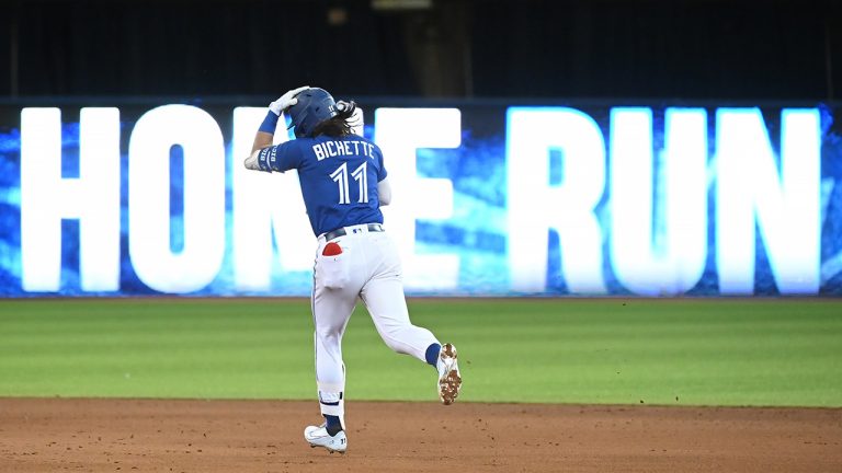 Toronto Blue Jays' Bo Bichette rounds the bases following his solo home run in the fifth baseball game against the Tampa Bay Rays in Toronto on Monday, Sept. 13, 2021. (Jon Blacker/CP)