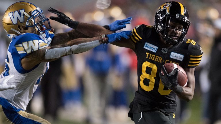 Hamilton Tiger-Cats' Bralon Addison runs against the Winnipeg Blue Bombers during the second half of the 107th Grey Cup in Calgary, Alta., Sunday, November 24, 2019 (Frank Gunn/CP).