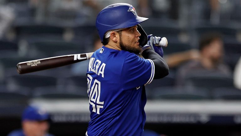 Toronto Blue Jays' Breyvic Valera watches his RBI double against the New York Yankees during the ninth inning of a baseball game Thursday, Sept. 9, 2021, in New York. The Blue Jays won 6-4 (Adam Hunger/AP).
