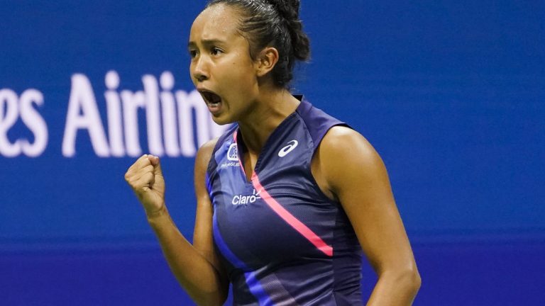 Leylah Fernandez, of Canada, reacts during a match against Naomi Osaka, of Japan, at the third round of the US Open tennis championships, Friday, Sept. 3, 2021, in New York. (AP Photo/John Minchillo)