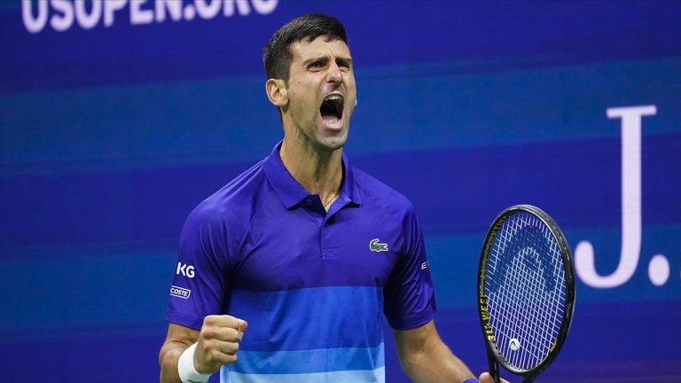 Novak Djokovic, of Serbia, reacts after scoring a point against Alexander Zverev, of Germany, during the semifinals of the US Open tennis championships. (John Minchillo/AP)