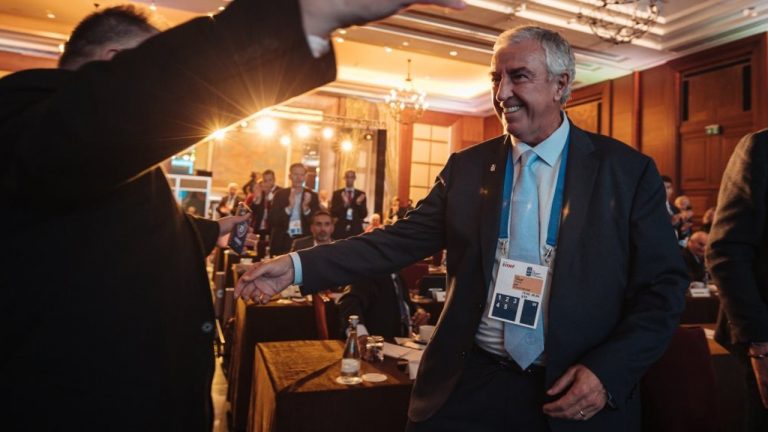 Luc Tardif, right, has been elected president of the International Ice Hockey Federation. (Christina Korovnikova via IIHF on Twitter)