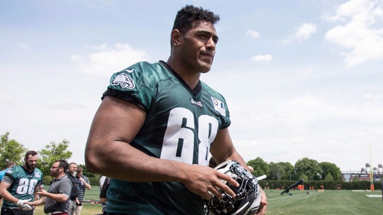 Philadelphia Eagles offensive lineman Jordan Mailata, of Australia, heads off the field after an NFL football rookie minicamp. (Chris Szagola/AP)