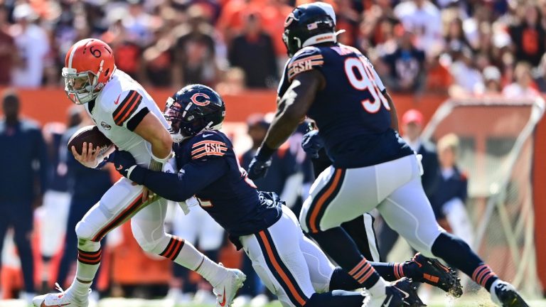 Chicago Bears outside linebacker Khalil Mack, second from left, sacks Cleveland Browns quarterback Baker Mayfield during the first half of an NFL football game, Sunday, Sept. 26, 2021, in Cleveland. (David Dermer/AP)