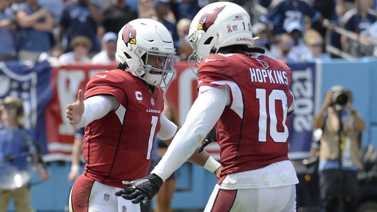 Arizona Cardinals quarterback Kyler Murray (1) is congratulated by wide receiver DeAndre Hopkins (10) after Murray ran for a touchdown against the Tennessee Titans in the first half of an NFL football game Sunday, Sept. 12, 2021, in Nashville, Tenn. (Mark Zaleski/AP)