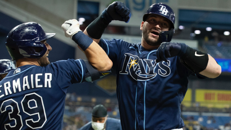 Tampa Bay Rays' Mike Zunino, right, celebrates with Kevin Kiermaier after hitting a two-run home run against the Detroit Tigers during the sixth inning of a baseball game Thursday, Sept. 16, 2021, in St. Petersburg, Fla. (Scott Audette / AP) 