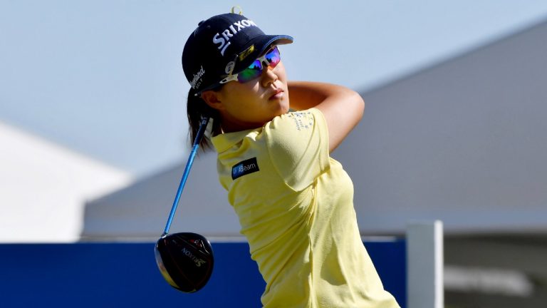 Nasa Hataoka, of Japan, watches her drive on the 18th tee during the final round of the LPGA Walmart NW Arkansas Championship golf tournament, Sunday, Sept. 26, 2021, in Rogers, Ark. (Michael Woods/AP)