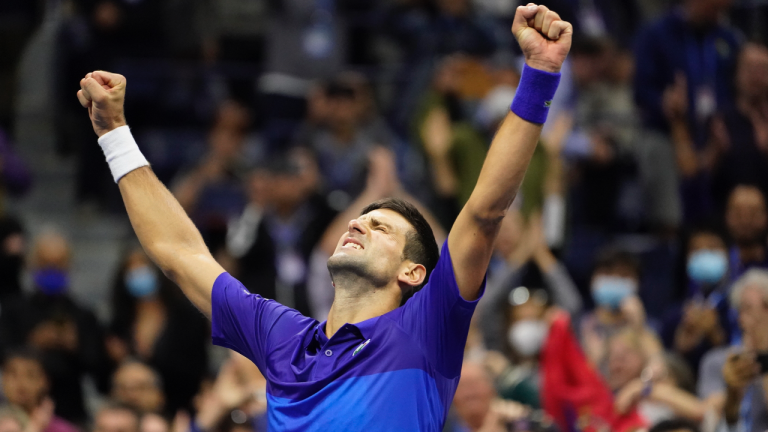Novak Djokovic, of Serbia, reacts after defeating Alexander Zverev, of Germany, during the semifinals of the US Open tennis championships, Friday, Sept. 10, 2021, in New York. (John Minchillo / AP) 