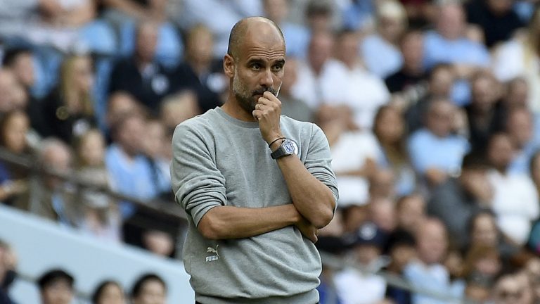 Manchester City's head coach Pep Guardiola watches during the English Premier League soccer match between Manchester City and Southampton at the Etihad Stadium in Manchester, England, Saturday, Sept. 18, 2021. (Rui Vieira/AP)