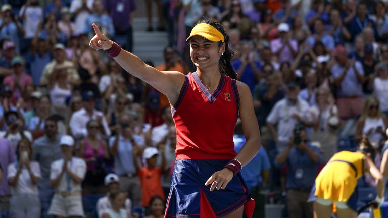Emma Raducanu, of Great Britain, reacts after defeating Belinda Bencic, of Switzerland, during the quarterfinals of the US Open tennis championships, Wednesday, Sept. 8, 2021, in New York. (Elise Amendola/AP)