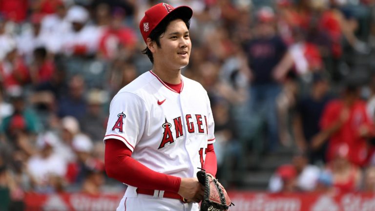 Los Angeles Angels pitcher Shohei Ohtani smiles after finishing the seventh inning of a baseball game against the Seattle Mariners, Sunday, Sept. 26, 2021, in Anaheim, Calif. The Mariners won 5-1 (Michael Owen Baker/AP).