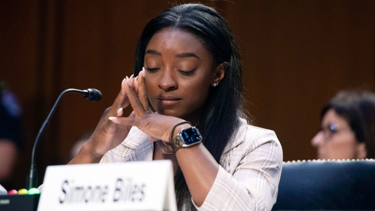 United States Olympic gymnast Simone Biles testifies during a Senate Judiciary hearing about the Inspector General's report on the FBI's handling of the Larry Nassar investigation on Capitol Hill, Wednesday, Sept. 15, 2021, in Washington. (Saul Loeb/Pool via AP)