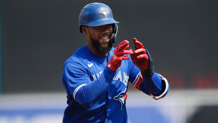 Toronto Blue Jays' Teoscar Hernandez reacts after hitting a grand slam against the Baltimore Orioles in the third inning of a baseball game Sunday, Sept. 12, 2021 in Baltimore. (Gail Burton / AP)