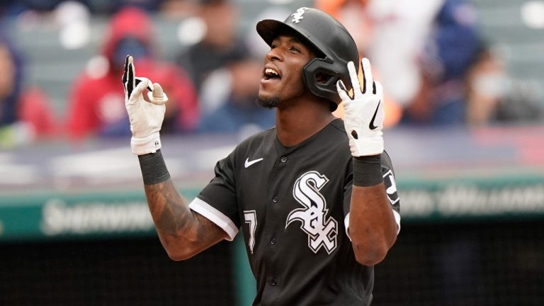 Chicago White Sox's Tim Anderson celebrates after hitting a three-run home run in the second inning in the first baseball game of a doubleheader against the Cleveland Indians, Thursday, Sept. 23, 2021, in Cleveland (Tony Dejak/AP).