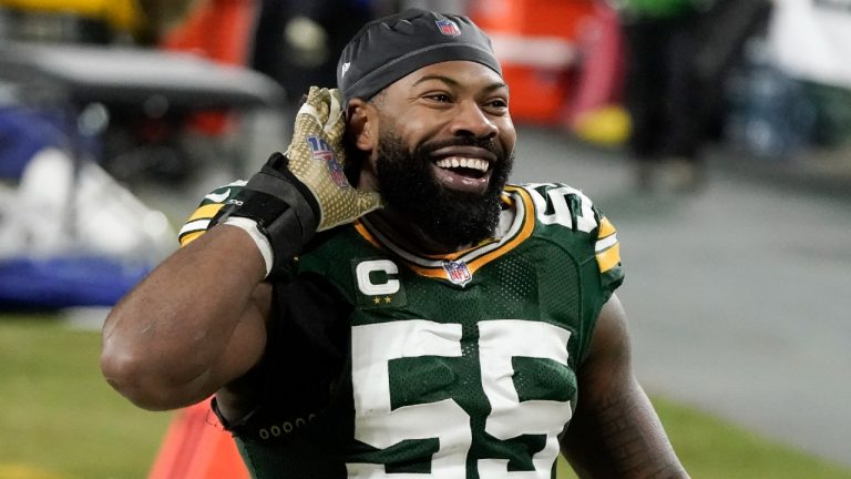 Green Bay Packers' Za'Darius Smith listens to the cheering of fans after an NFL divisional playoff football game Saturday, Jan. 16, 2021, in Green Bay, Wis. The Packers defeated the Rams 32-18 to advance to the NFC championship game. (Morry Gash/AP)