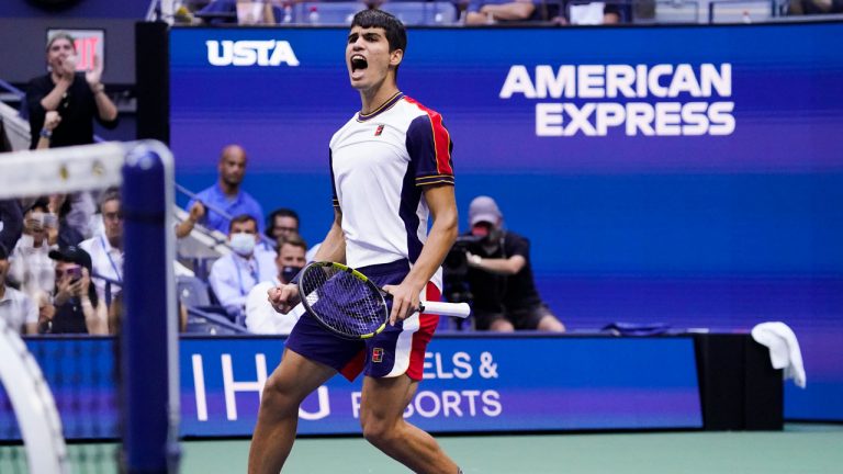 Carlos Alcaraz, of Spain, reacts during a match against Stefanos Tsitsipas, of Greece, during the third round of the US Open tennis championships. (Seth Wenig/AP)