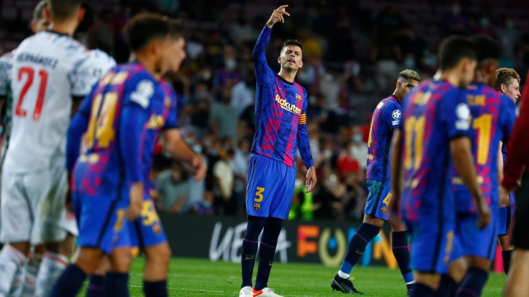 Barcelona's Gerard Pique reacts at the end of a Champions League group E soccer match between F.C. Barcelona and Bayern at Camp Nou stadium in Barcelona. (Joan Monfort/AP) 
