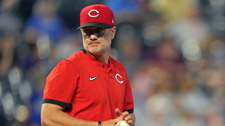 Cincinnati Reds manager David Bell stands on the mound as he makes a pitching change during the ninth inning of a baseball game against the Kansas City Royals Tuesday, July 6, 2021, in Kansas City, Mo. The Royals won 7-6. (Charlie Riedel/AP)