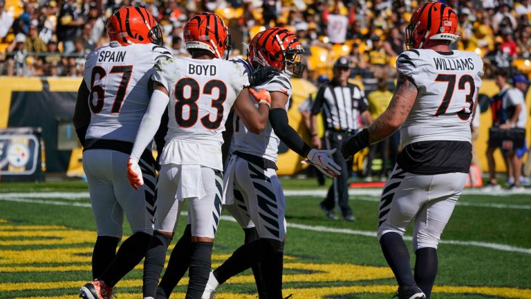 Cincinnati Bengals wide receiver Ja'Marr Chase (1) celebrates with teammates after he caught a touchdown pass against the Pittsburgh Steelers during the second half an NFL football game. (Gene J. Puskar/AP) 