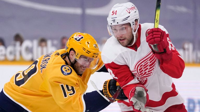 Nashville Predators center Calle Jarnkrok (19) battles Detroit Red Wings right wing Bobby Ryan (54) in the third period of an NHL hockey game. (Mark Humphrey/AP)