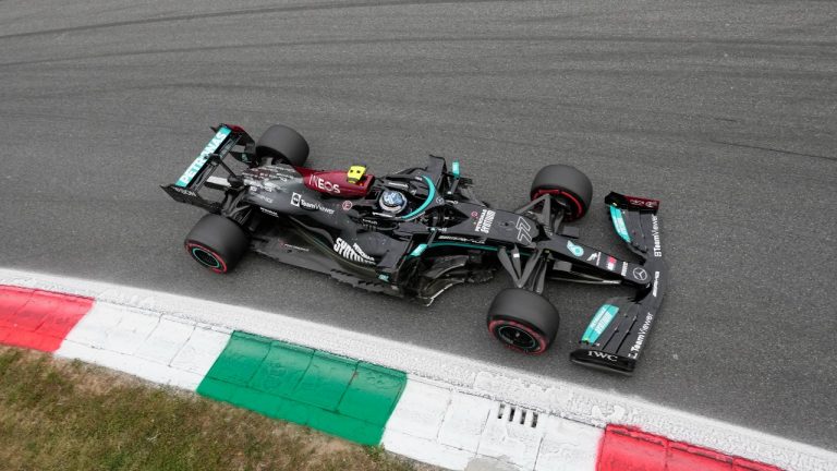 Mercedes driver Valtteri Bottas of Finland steers his car during qualifying session at the Monza racetrack, in Monza, Italy , Friday, Sept.10, 2021. The Formula one race will be held on Sunday. (Luca Bruno/AP)