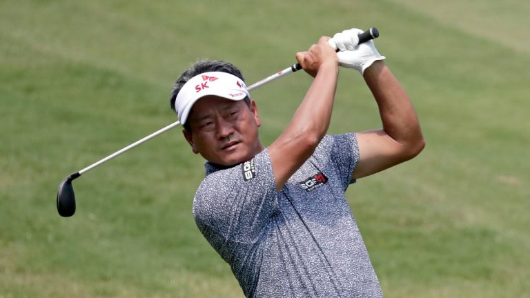 K.J. Choi hits from the fairway on the 11th hole during the second round of the Wyndham Championship golf tournament at Sedgefield Country Club in Greensboro, N.C., Friday, Aug. 13, 2021. (Chris Seward/AP)