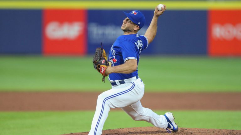Toronto Blue Jays pitcher Jacob Barnes throws during the third inning of a baseball game against the Boston Red Sox. (Joshua Bessex/AP) 