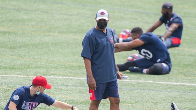 Montreal Alouettes head coach Khari Jones is shown during training camp ahead of the upcoming CFL football season in Montreal, Sunday, July 11, 2021. (Graham Hughes/CP)
