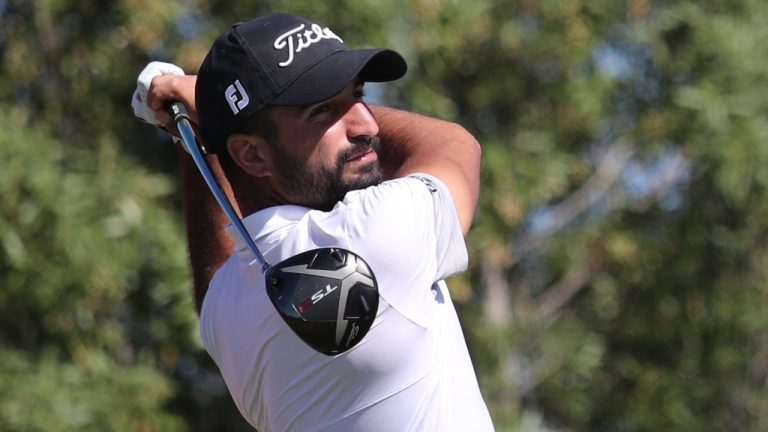 Italy's Francesco Laporta tees off on the 3rd hole during the third round of the Abu Dhabi Championship golf tournament in Abu Dhabi, United Arab Emirates, Saturday, Jan. 18, 2020. (Kamran Jebreili/AP)