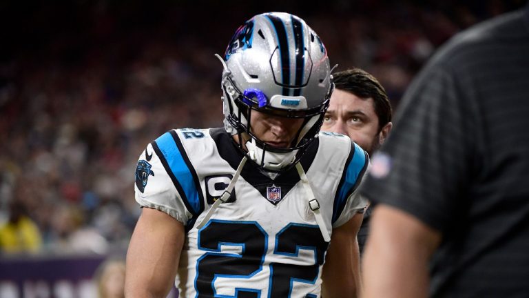 Carolina Panthers running back Christian McCaffrey (22) leaves the field during the first half of an NFL football game against the Houston Texans Thursday, Sept. 23, 2021, in Houston. (Justin Rex/AP) 
