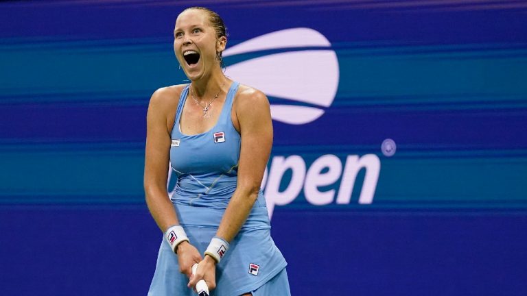 Shelby Rogers, of the United States, reacts after defeating Ashleigh Barty, of Australia, during the third round of the US Open tennis championships, Saturday, Sept. 4, 2021, in New York. (Frank Franklin II/AP)