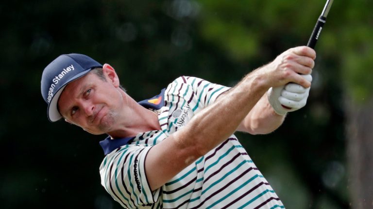 Justin Rose hits his tee shot on the 16th hole during the third round of the Wyndham Championship golf tournament at Sedgefield Country Club in Greensboro, N.C., Saturday, Aug. 14, 2021. (Chris Seward/AP)