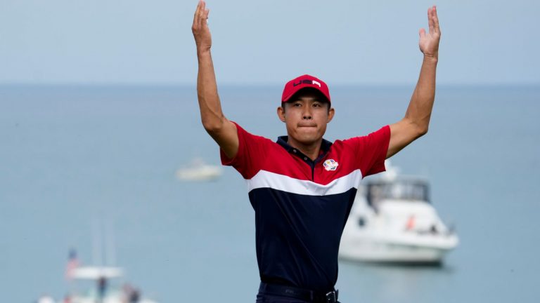 Team USA's Collin Morikawa reacts after winning the 17th hole during a Ryder Cup singles match at the Whistling Straits Golf Course Sunday. (Ashley Landis/AP)