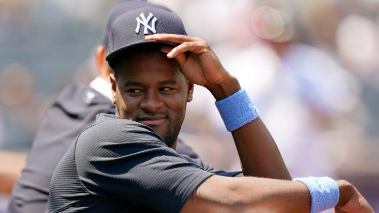 Injured New York Yankees starting pitcher Luis Severino watches from the dugout with teammates during a baseball game against the Oakland Athletics, Sunday, June 20, 2021, at Yankee Stadium in New York. (Kathy Willens/AP)