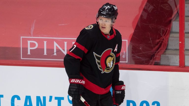 Ottawa Senators left wing Brady Tkachuk skates during warm up before an NHL game against the Vancouver Canucks, in Ottawa, Monday April 26, 2021. (Adrian Wyld/CP)