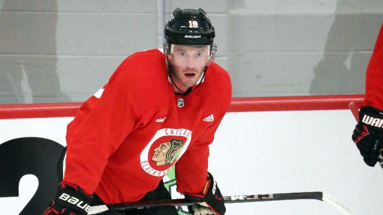 Chicago Blackhawks' Jonathan Toews attends an NHL hockey training camp in Chicago, Thursday, Sept. 23, 2021. (Terrence Antonio James/Chicago Tribune via AP)