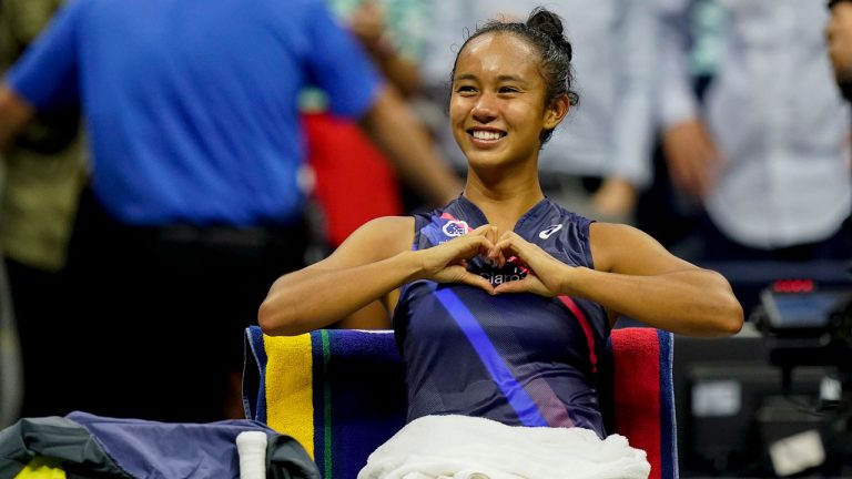 Leylah Fernandez, of Canada, reacts after defeating Aryna Sabalenka,of Belarus, during the semifinals of the US Open tennis championships. (Seth Wenig/AP)