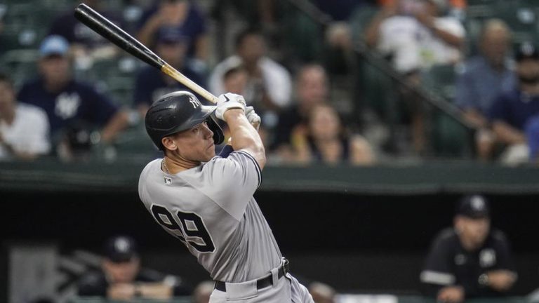 New York Yankees' Aaron Judge connects for a two-run home run off Baltimore Orioles starting pitcher Alexander Wells during the first inning of a baseball game. (Julio Cortez/AP)