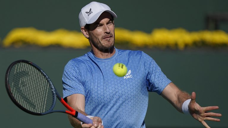 Andy Murray, of Britain, returns a shot to Alexander Zverev, of Germany, at the BNP Paribas Open tennis tournament Tuesday, Oct. 12, 2021, in Indian Wells, Calif. (Mark J. Terrill/AP)