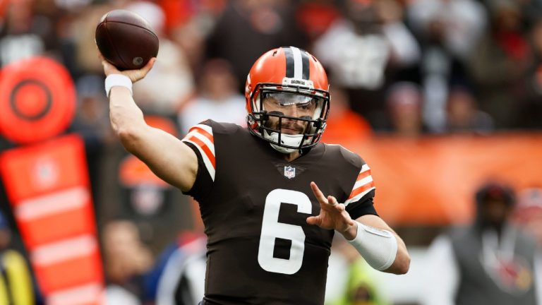 Cleveland Browns quarterback Baker Mayfield throws during the first half of an NFL football game against the Arizona Cardinals, Sunday, Oct. 17, 2021, in Cleveland (Ron Schwane/AP).