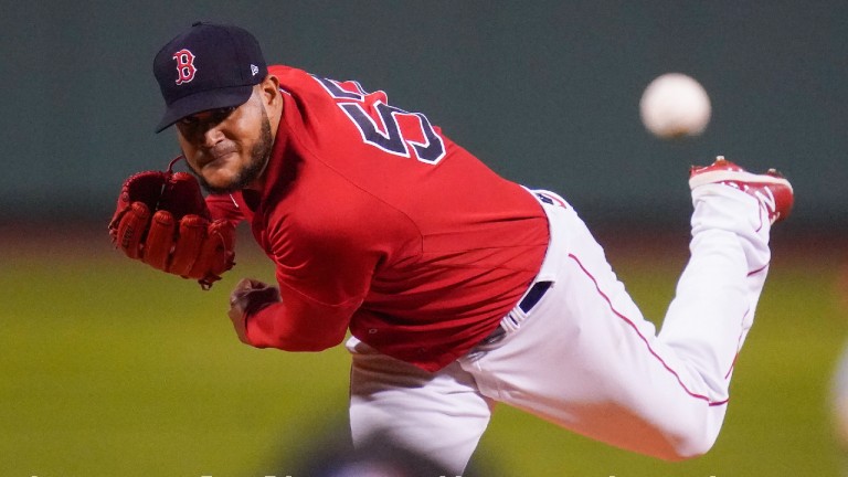 Boston Red Sox pitcher Eduardo Rodriguez delivers against the Tampa Bay Rays during the first inning during Game 4 of a baseball American League Division Series, Monday, Oct. 11, 2021, in Boston. (Charles Krupa/AP)
