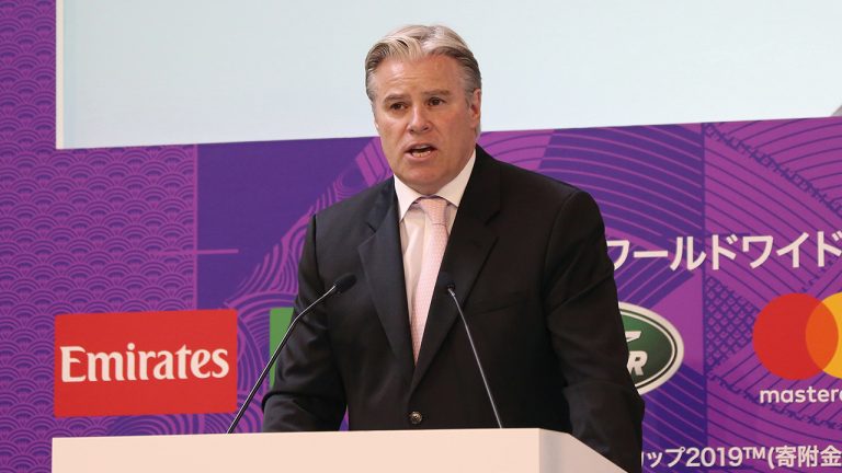 Brett Gosper, former CEO of World Rugby and current NFL Head of UK and Europe, delivers a speech in Tokyo. (Koji Sasahara/AP)