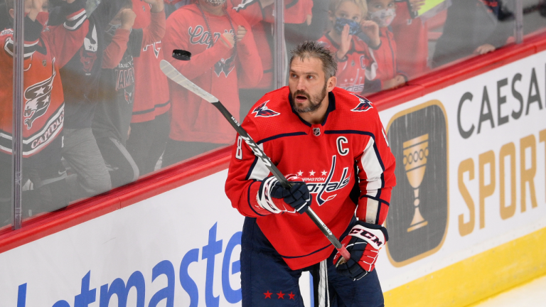 Washington Capitals left wing Alex Ovechkin warms up before a preseason NHL game against the New Jersey Devils, Wednesday, Sept. 29, 2021, in Washington. (Nick Wass/AP)